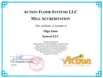 Сертифкат Action Flooring Systems Ольга Заец